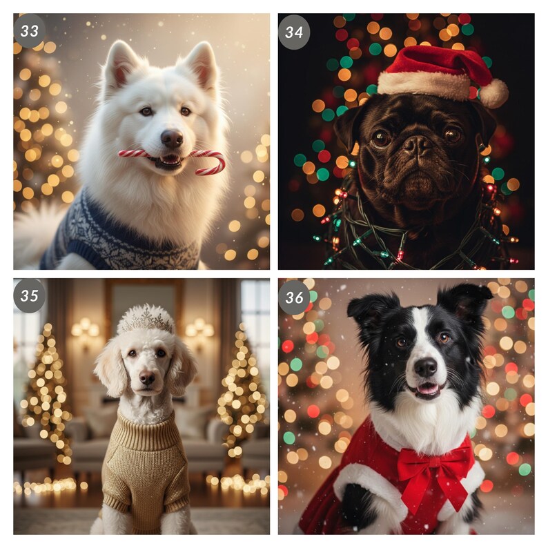 May include: Four dogs dressed in festive holiday attire. A white dog with a candy cane, a black pug in a Santa hat, a poodle in a sweater, and a black and white dog in a red outfit with a bow.