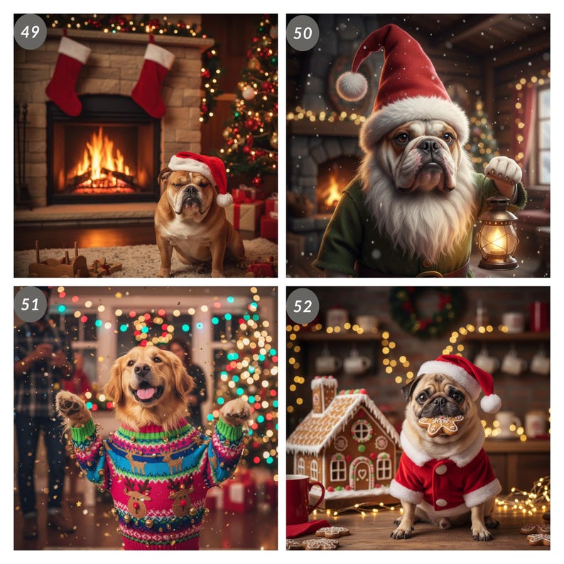 May include: A collage of four images featuring dogs in Christmas attire. One image shows a bulldog wearing a Santa hat in front of a fireplace. Another depicts a bulldog dressed as a gnome. A golden retriever wears a festive sweater, and a pug is in a Santa suit.