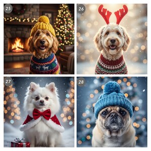 May include: Four dogs dressed in festive holiday attire. A golden doodle wears a yellow knit hat and a sweater. Another dog has red reindeer antlers and a sweater. A white Pomeranian has a red bow tie and cape. A pug wears a blue knit hat.