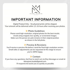 May include: White background with the text "IMPORTANT INFORMATION" and "MOSS PIXEL STUDIO DIGITALS ART" at the top. The text provides guidelines for digital product photos, including resolution, previews, and contact information.