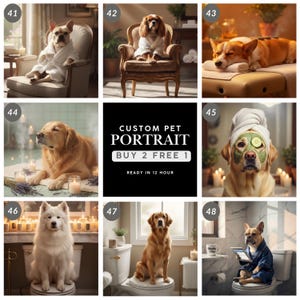 May include: A collage of nine images featuring dogs in various spa-like settings. One image displays text: "CUSTOM PET PORTRAIT, BUY 2 FREE 1, READY IN 12 HOUR". The dogs are shown relaxing, wearing robes, and enjoying spa treatments.