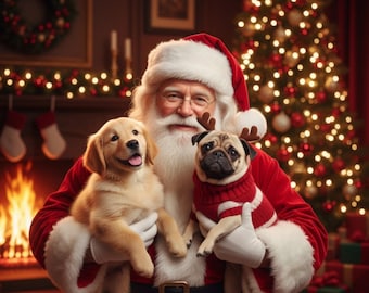 Custom Christmas Pet Portrait – Personalized Dog & Cat Art, Holiday Wall Decor, Pet Lover Gift