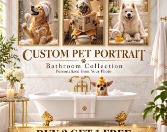 Puede incluir: Tres cuadros de pared con un golden retriever en la ducha, un pug leyendo un periódico en el inodoro y un perro blanco en una bañera. Debajo, una bañera con patas y grifería dorada junto a un perro pequeño con un patito de goma.