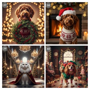 May include: A collection of four festive images featuring animals in holiday attire. A dog wears a wreath and a sweater, another dog dons a Santa hat and sweater. A white cat is draped in a red cape. A dog is dressed as an elf.