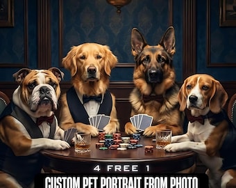 Funny Custom Dog Portrait Playing Poker | Pet Lover Gift | Casino Night Theme Wall Art | Printable Digital Download