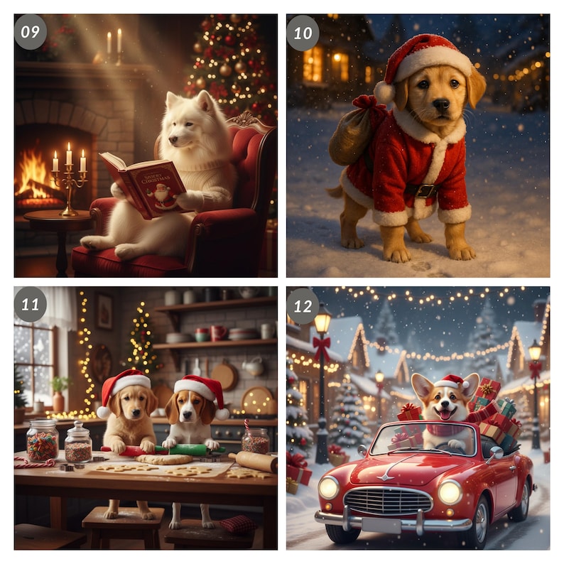 May include: A collection of four festive Christmas-themed images. A white dog reads a book by a fireplace, a puppy in a Santa suit, two puppies baking cookies, and a corgi driving a red convertible filled with gifts.