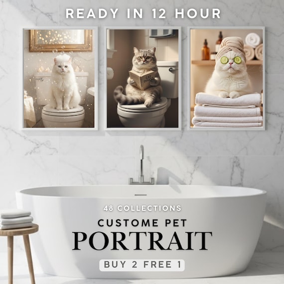Funny Pet Portrait, Custom Dog Cat Bathroom Art, Humor Poster (Digital Download)