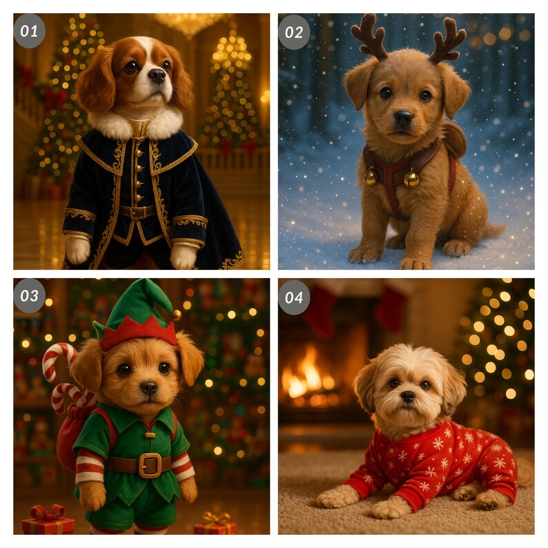 May include: Four adorable puppies dressed in festive holiday attire. One wears a royal blue coat, another a reindeer costume, a third an elf outfit, and the last a red sweater with white snowflakes. Christmas theme.