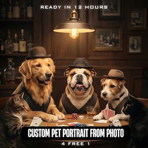 Puede incluir: Un retrato personalizado de mascotas con un Golden Retriever, un Bulldog y un Jack Russell Terrier, junto con dos gatos, jugando al póquer. Los animales visten chalecos y sombreros. Texto: "READY IN 12 HOURS" y "CUSTOM PET PORTRAIT FROM PHOTO".