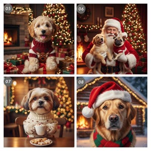May include: Four festive images featuring dogs in holiday settings. One dog wears a Christmas sweater, another is held by Santa Claus, a third holds a mug, and the last wears a Santa hat and scarf. Christmas tree lights and fireplaces are in the background.