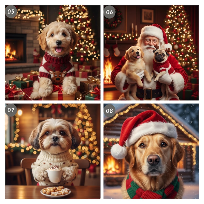 May include: Four festive images featuring dogs in holiday settings. One dog wears a Christmas sweater, another is held by Santa Claus, a third holds a mug, and the last wears a Santa hat and scarf. Christmas tree lights and fireplaces are in the background.