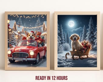 Custom Christmas Pet Portrait – Personalized Dog & Cat Art, Digital Painting, Festive Wall Decor