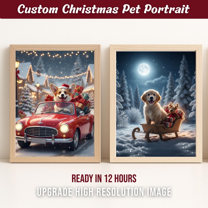 Custom Christmas Pet Portrait – Personalized Dog & Cat Art, Digital Painting, Festive Wall Decor image 2