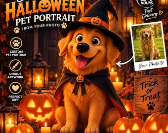Custom Halloween Pet Portrait, Pixar Style Dog or Cat Portrait from Photo, Personalized Pet Art, Spooky Halloween Gift, 300 DPI PNG
