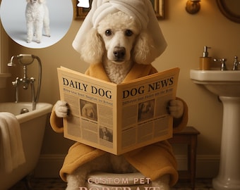 Funny Personalized Pet Portrait: Dog on Toilet, Bathroom Wall Art (Digital Download)