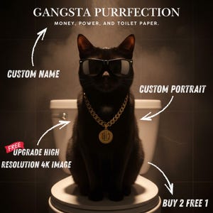 May include: A black cat wearing sunglasses and a gold chain with a pendant, sitting on a toilet. The image includes the text "GANGSTA PURRFECTION" and "MONEY, POWER, AND TOILET PAPER."