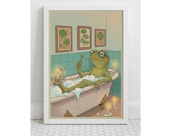 Funny Bathroom Wall Art Frog Print, Frog in Bathtub Poster, Quirky Bathroom Decor, Shower Wall Art, Cottagecore Decor