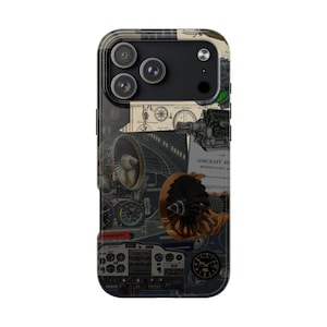 May include: A smartphone case featuring a collage of vintage aviation imagery, including technical diagrams, jet engine components, cockpit instrument panels, and text reading "FOR AIRCRAFT ENGINES MODELS G-170-J" in a dark, detailed graphic design.