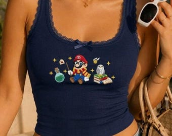 Embroidered Mario Lace Trim Tank, Mario Wizard  Embroidery Baby Tee Crop Tank Top, Mario Girly Shirt, Epic Universe Shirt, Universal Studios