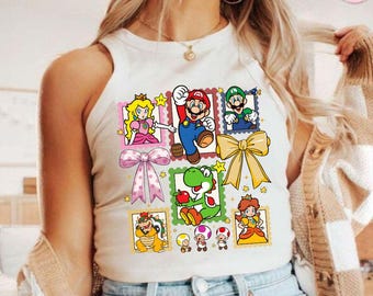Coquette Bow Retro Super Mario Baby Tee Crop Tank, Super Mario Bros Movie, Princess Peach Yoshi Epic Universe Shirt, Universal Studios Tee
