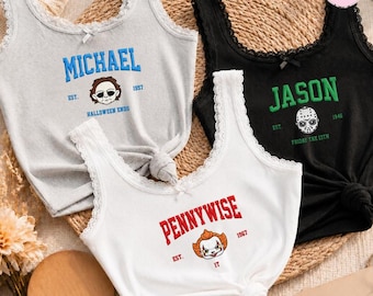 Embroidered Halloween Horror Nights Costume Lace Trim Tank Top, Halloween Horror Movie, All Horror Characters Embroidery Baby Tee Crop Tank