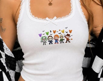 Embroidered Halloween Horror Nights Lace Trim Tank Top, Halloween Horror Movie, Horror Characters Balloons Embroidery Baby Tee Crop Top Tank