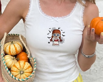 Embroidered Halloween Horror Nights Costume Lace Trim Tank Top, Halloween Horror Movie, Horror Characters Embroidery Baby Tee Crop Top Tank