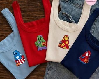 Embroidered Disney Marvel Avengers Ghost Halloween Shirt Sweatshirt, Spiderman Lace Trim Tank Top, Embroidery Superhero Baby Tee Crop Tank