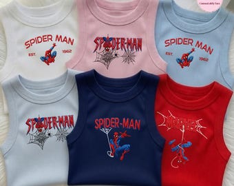 Embroidered Disney Spiderman Shirt/Sweatshirt, Spider-Man Lace Trim Tank Top, Embroidery Marvel Superhero Avengers MCU Baby Tee Crop Tank