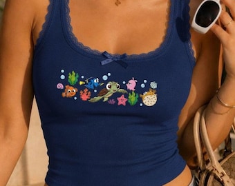 EMBROIDERED Finding Nemo Characters Lace Crop Top Tank, Nemo Just Keep Swimming Tank, Nemo Family Vacation Shirts, WDW Disney Girl Trip 2026