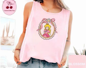 Retro Coquette Bow Princess Peach Comfort Colors Tank Top, Princess Peach Girly Tank, Epic Universe Tank , Universal Studios, Mario Womens