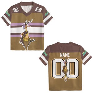 K&ouml;nnte beinhalten: Braunes und wei&szlig;es Trikot mit V-Ausschnitt und kurzen &Auml;rmeln. Das Trikot zeigt eine Zeichentrickfigur auf der Vorder- und R&uuml;ckseite, mit der Nummer "00" auf beiden Seiten. Das Wort "Zootopia" ist auf den &Auml;rmeln aufgedruckt.