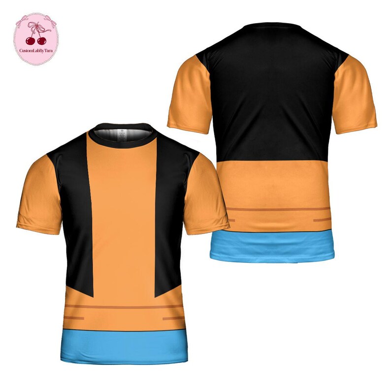 K&ouml;nnte beinhalten: Ein kurz&auml;rmeliges T-Shirt mit einem Color-Block-Design, bestehend aus einem zentralen orangefarbenen Bereich, der von schwarzen Abschnitten flankiert wird, orangefarbenen &Auml;rmeln und einem hellblauen horizontalen Streifen am unteren Saum.