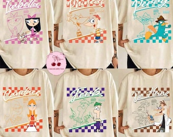 Retro Checkered Disney Phineas and Ferb Shirt, Phineas and Ferb All Characters Peray Dr Heinz Isabella Buford Jeremy Baljeet Candance Tees