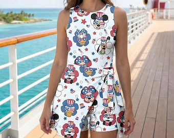 Retro Mickey And Friends 4th Of July Tennis Skirt, Disney Independence Day Skirt, Magic Kingdom 250 Years Of Freedom Tie-Front Tennis Dress