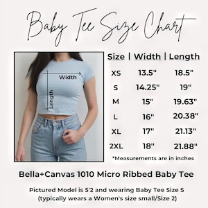 May include: A baby tee size chart with measurements in inches. The chart includes sizes XS to 2XL, with width and length measurements. The image also shows a model wearing a baby tee and the text "Bella+Canvas 1010 Micro Ribbed Baby Tee."