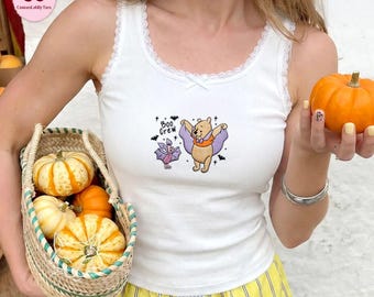 Embroidered Winnie The Pooh and Friends Halloween Sweatshirt, Fall Autumn Lace Trim Tank Top, Pooh Piglet Pumpkin Shirt, Spooky Friends Gift