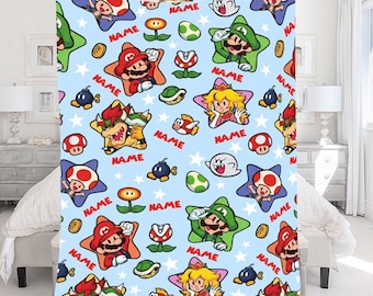 Personalized Super Mario Blanket, Custom Mario Bros Name Throw, Luigi Yoshi Bowser Peach Rosalina Galaxy Blanket, Gamer Kids Birthday Gift