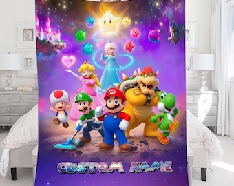Personalized Super Mario Blanket, Custom Mario Bros Name Throw, Luigi Yoshi Bowser Peach Galaxy Blanket, Gamer Kids Birthday Gift