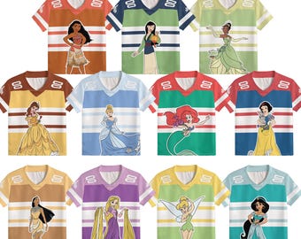 Personalized All Disney Princesses Football Jersey, Disney Girl's Trip 2026 Shirts, Cinderella Ariel Belle Rapunzel Snow White Tinkerbell