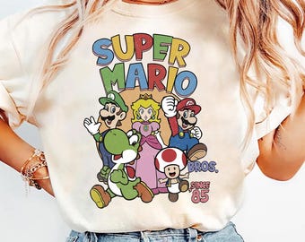 Comfort Colors Retro Super Mario Bros '85 Shirt, Vintage Super Mario Tee, Retro Mario Video Game Shirt, Princess Peach Yoshi Toad Family Tee