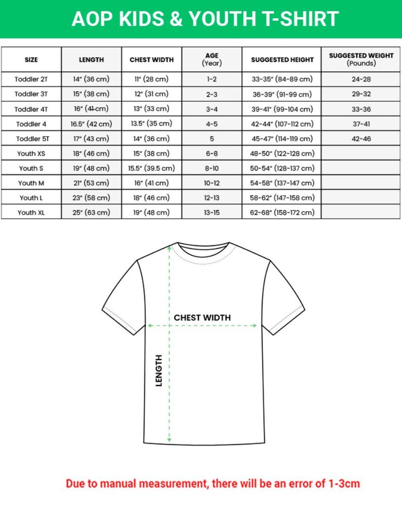 K&ouml;nnte beinhalten: Eine Gr&ouml;&szlig;entabelle f&uuml;r AOP Kinder- und Jugend-T-Shirts mit einer Tabelle f&uuml;r Gr&ouml;&szlig;e, L&auml;nge in cm, Brustbreite in cm, Alter, K&ouml;rpergr&ouml;&szlig;e in cm und Gewicht, sowie einer Strichzeichnung eines T-Shirts mit Beschriftungen f&uuml;r L&auml;nge und Brustbreite.