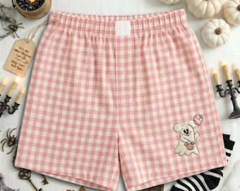 Halloween Disney Ghost Inspired Embroidered Gingham Shorts, Mickey Ghost Lounge Shorts, Minnie Ghost Gingham Shorts, Girly Halloween Short