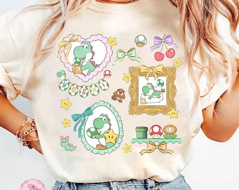 Retro Coquette Yoshi Super Mario Shirt, Yoshi Baby Tee Crop Tank, Mario World Family Group Shirt, Epic Universe Super Mario Birthday Gifts