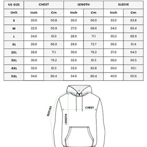 K&ouml;nnte beinhalten: Eine Gr&ouml;&szlig;entabelle f&uuml;r einen Hoodie mit Allover-Print, die US-Gr&ouml;&szlig;en von S bis 5XL auflistet, inklusive Brust-, L&auml;ngen- und &Auml;rmelma&szlig;en in Zoll und Zentimetern sowie einer Strichzeichnung des Hoodies mit den entsprechenden Ma&szlig;angaben.