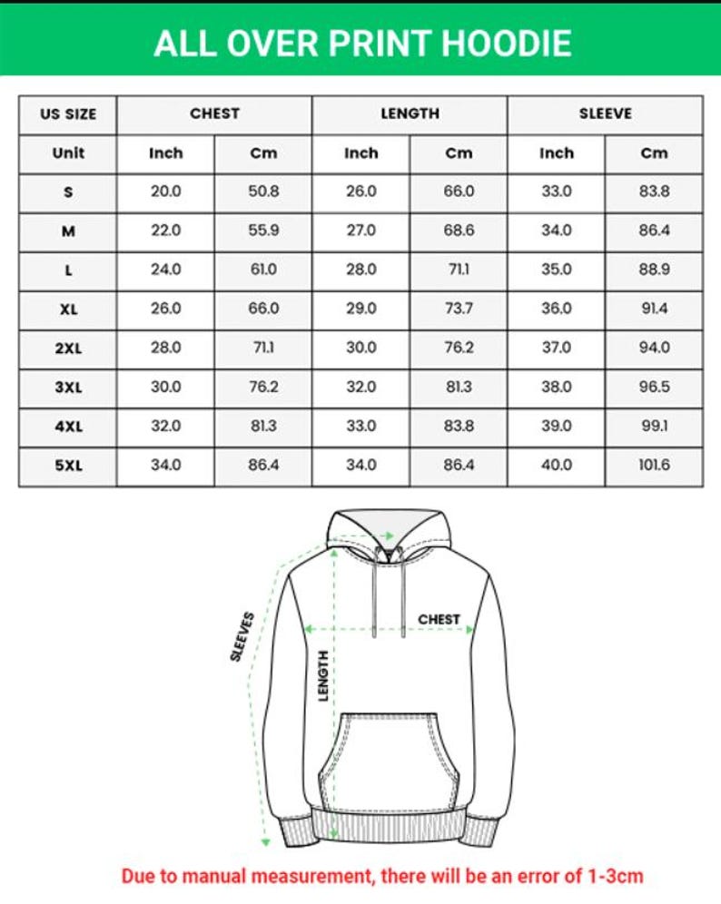 K&ouml;nnte beinhalten: Eine Gr&ouml;&szlig;entabelle f&uuml;r einen Hoodie mit Allover-Print, die US-Gr&ouml;&szlig;en von S bis 5XL auflistet, inklusive Brust-, L&auml;ngen- und &Auml;rmelma&szlig;en in Zoll und Zentimetern sowie einer Strichzeichnung des Hoodies mit den entsprechenden Ma&szlig;angaben.