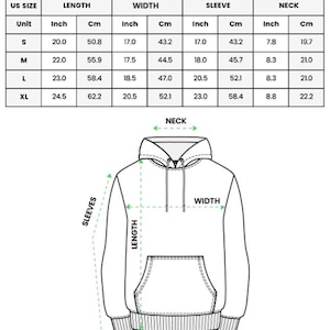 K&ouml;nnte beinhalten: Eine Gr&ouml;&szlig;entabelle f&uuml;r einen All-Over-Print-Kapuzenpullover f&uuml;r Jugendliche mit einer Tabelle f&uuml;r die Gr&ouml;&szlig;en S, M, L und XL, inklusive L&auml;ngen-, Breiten-, &Auml;rmel- und Halsma&szlig;en in Zoll und Zentimetern sowie einer Strichzeichnung des Hoodies.