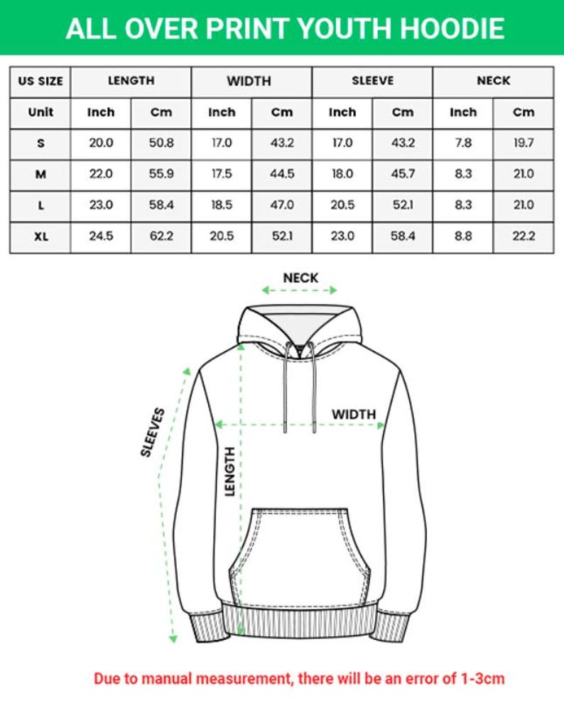 K&ouml;nnte beinhalten: Eine Gr&ouml;&szlig;entabelle f&uuml;r einen All-Over-Print-Kapuzenpullover f&uuml;r Jugendliche mit einer Tabelle f&uuml;r die Gr&ouml;&szlig;en S, M, L und XL, inklusive L&auml;ngen-, Breiten-, &Auml;rmel- und Halsma&szlig;en in Zoll und Zentimetern sowie einer Strichzeichnung des Hoodies.
