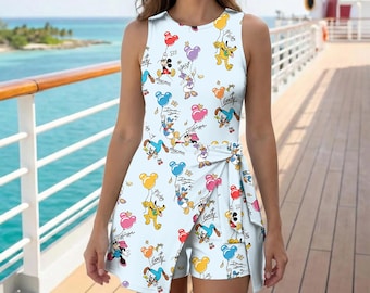 Falda de tenis vintage multicolor de Mickey y sus amigos, falda de tenis con globos de Disney, vestido de tenis con estampado de crucero Disney de Magic Kingdom con lazo frontal