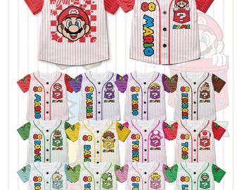 Personalized Super Mario Retro Checkered Baseball Jersey, Mario Family Matching Trip Matching Tee, Super Mario Princess Peach Yoshi Birthday